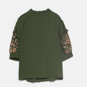 Olive Green Zara Top with Embroidered Sleeves